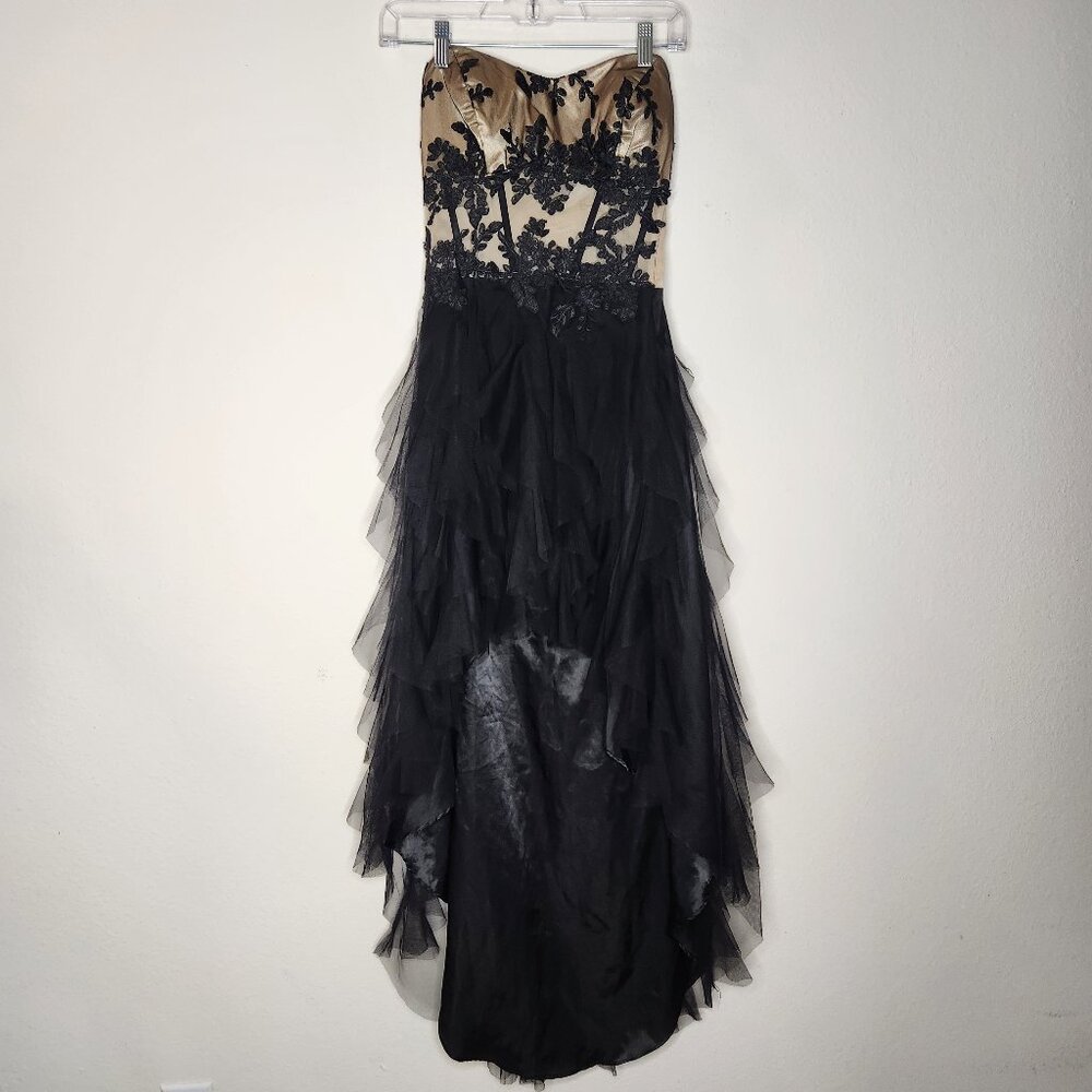 Deb Juniors Size 5 Black Tan Tiered High Low Lace Strapless Prom Dress